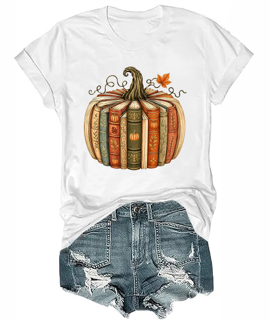 Fall Book Pumpkin Halloween Shirt Reading Teacher T-Shirt for Women
