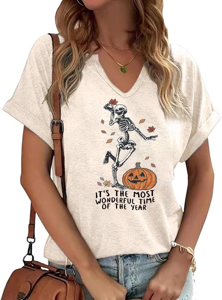 Women Fall T-Shirt V Neck Halloween Pumpkin Shirts Cute Autumn Thanksgiving Graphic Tee Tops