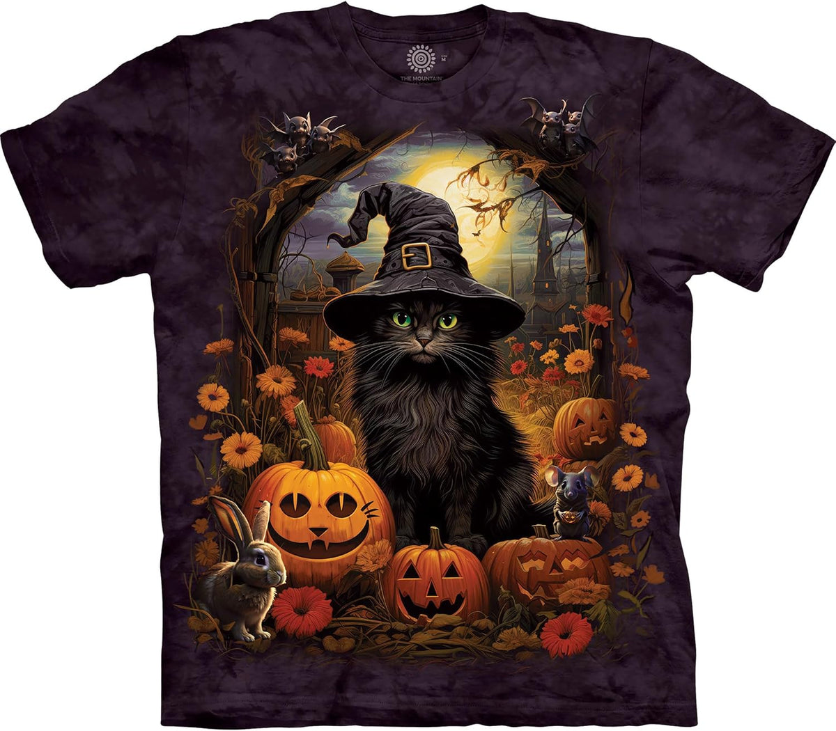 The Mountain Cat Witch T-Shirt | Halloween Black Cat Shirt with Pumpkins | Funny Spooky Graphic Tee for Men & Women