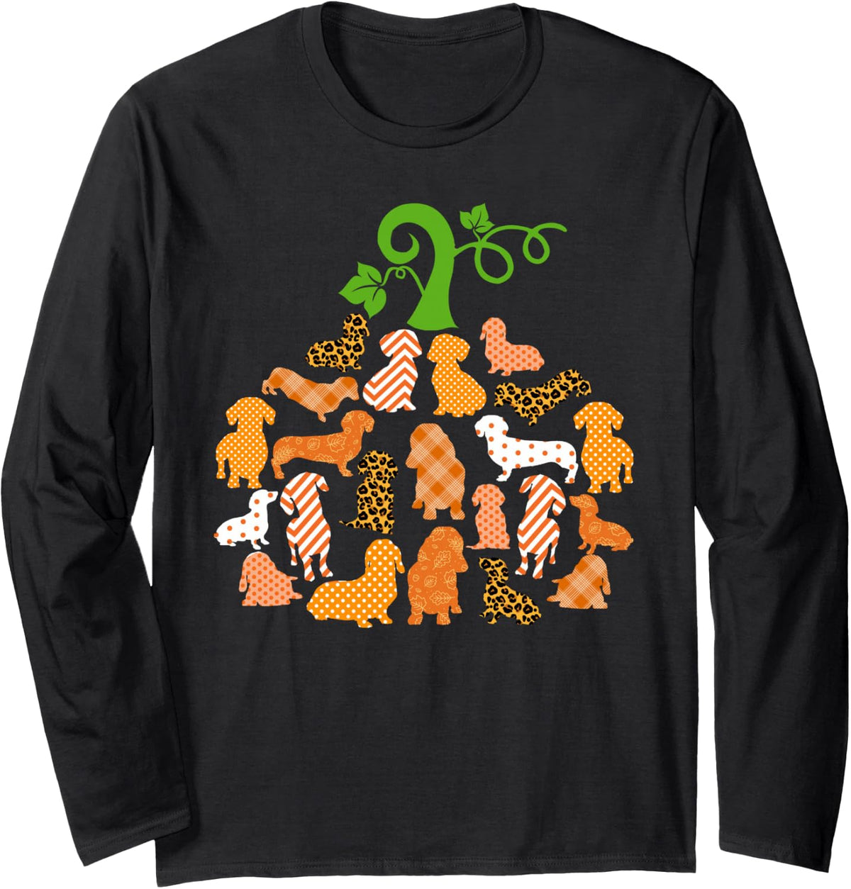 Dachshund Pumpkin Shape Plaid Leopard Dog Autumn Halloween Long Sleeve T-Shirt