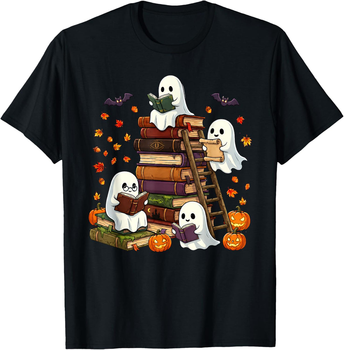 Cute Ghost Reading Book Lovers Halloween Autumn Fall T-Shirt