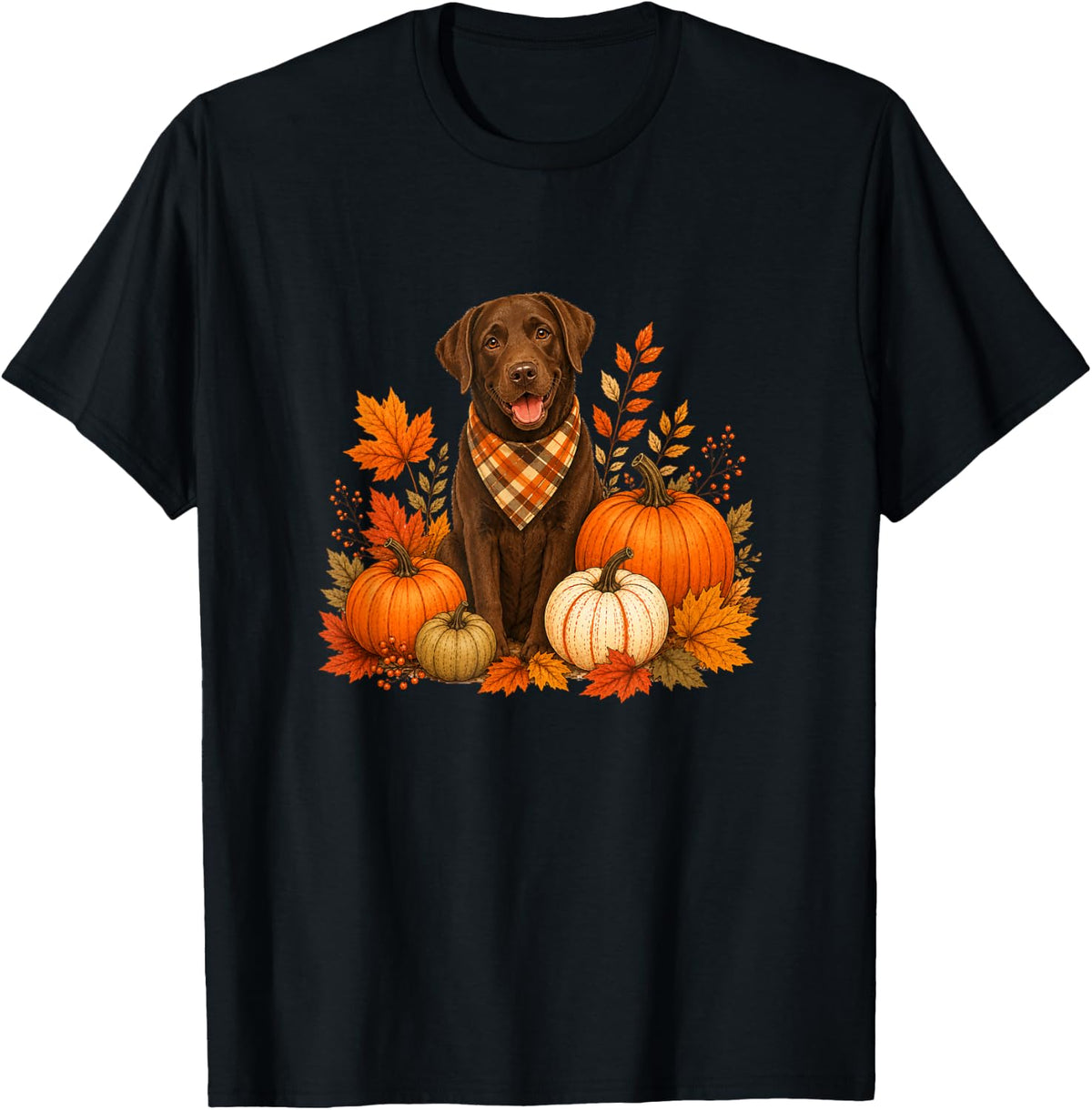 Chocolate Lab Fall Pumpkin Dog Autumn Leaves Graphic Tee T-Shirt