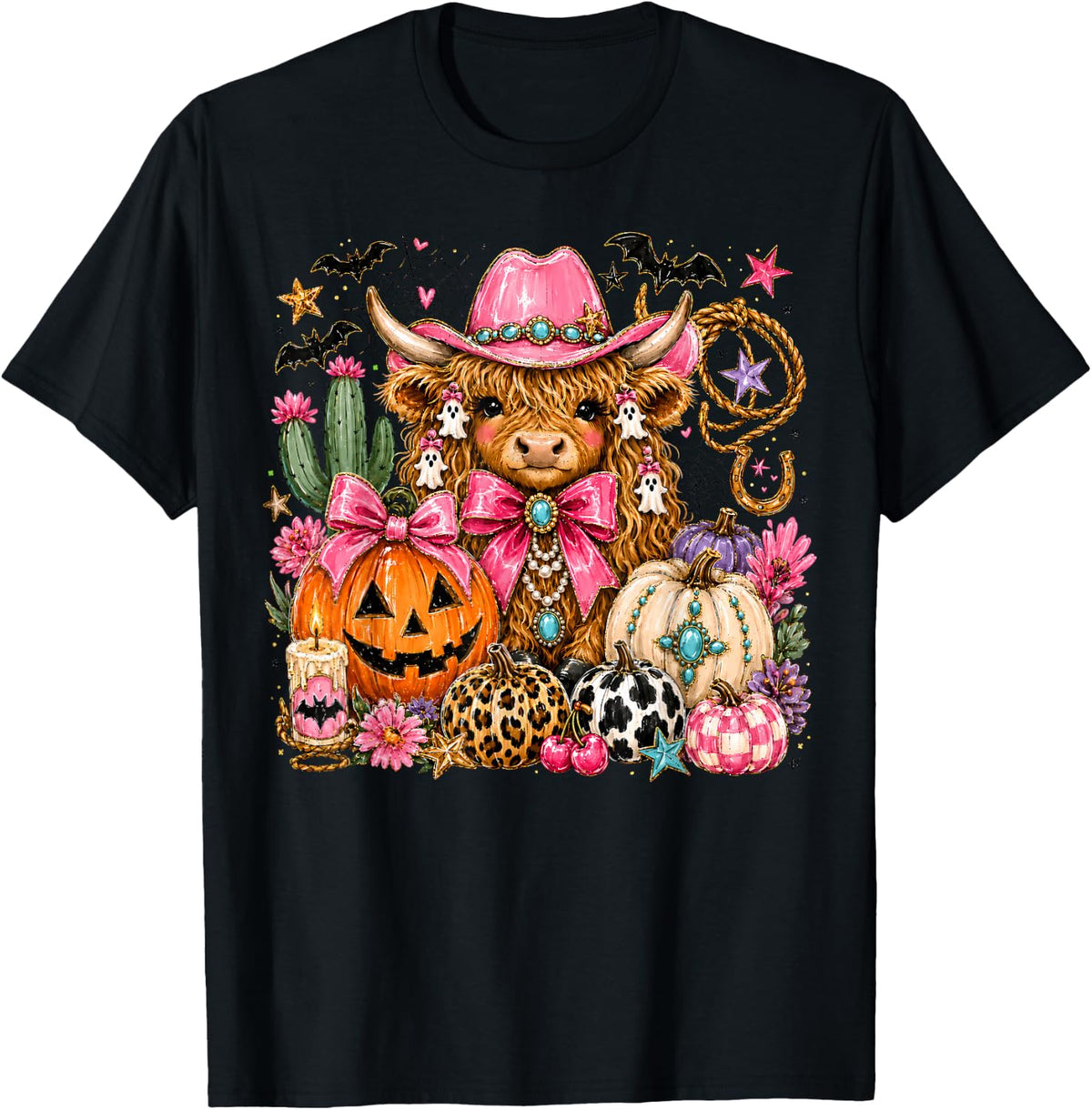 Vintage Western Halloween Highland Cow Pumpkin Cowgirl Women T-Shirt