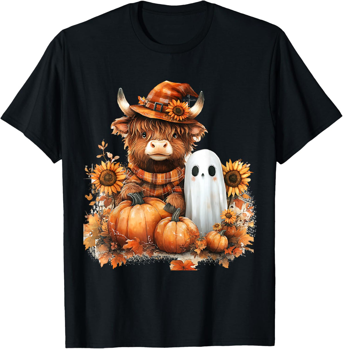 Highland Cow Ghost Pumpkin Sunflower Fall Cute T-Shirt