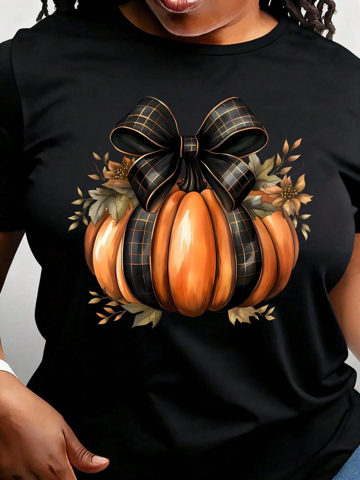 Pumpkin Print Tee - Crew Neck Short Sleeve Top With Autumn Leaves And Bows Graphic