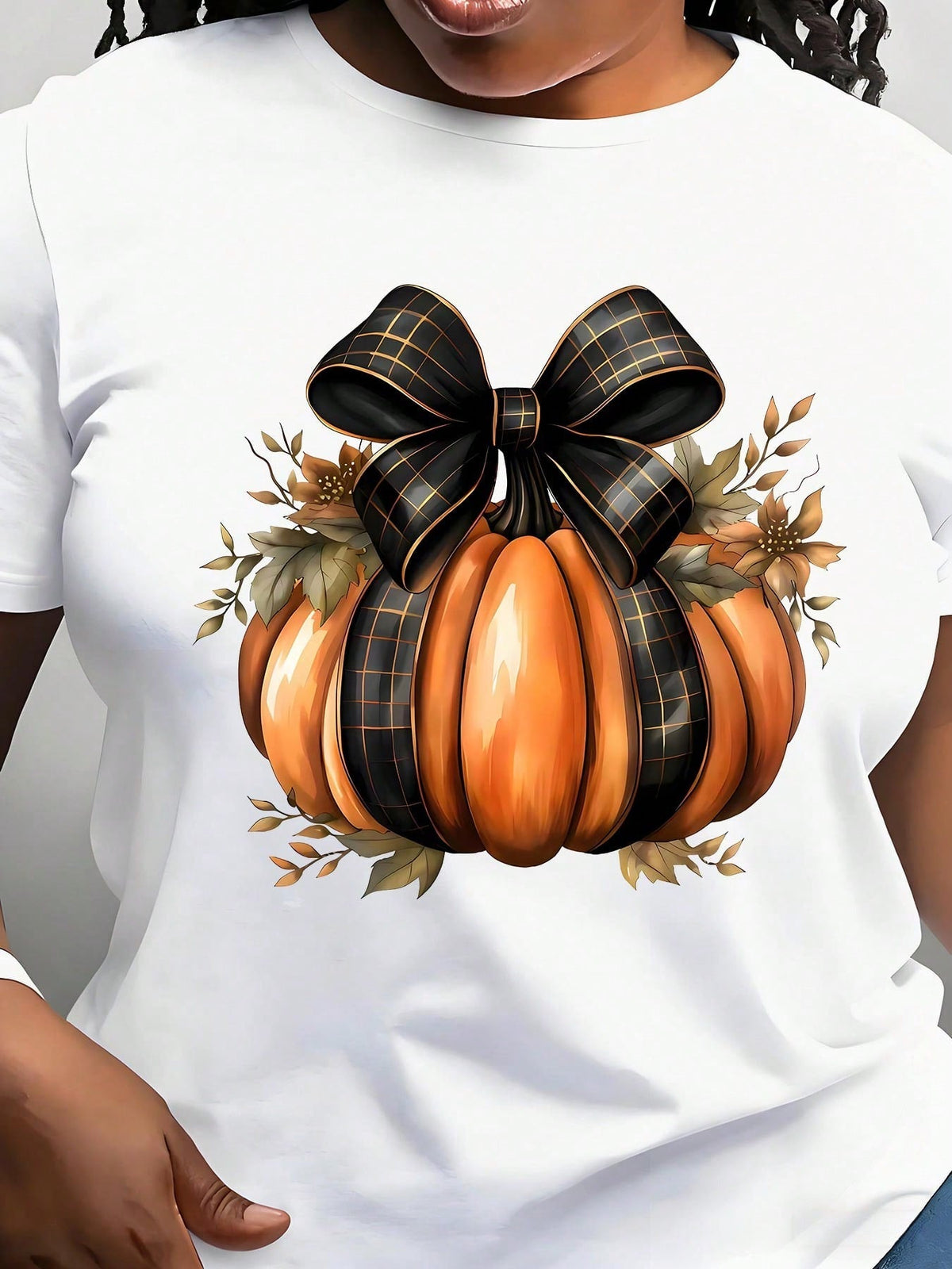 Pumpkin Print Tee - Crew Neck Short Sleeve Top With Autumn Leaves And Bows Graphic