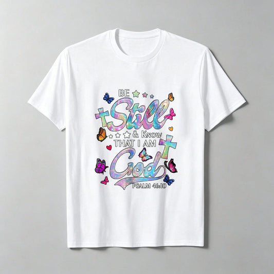"Quiet, Know I Am God" Retro T-Shirt, Crew Neck Casual Wear, Suitable For All Seasons