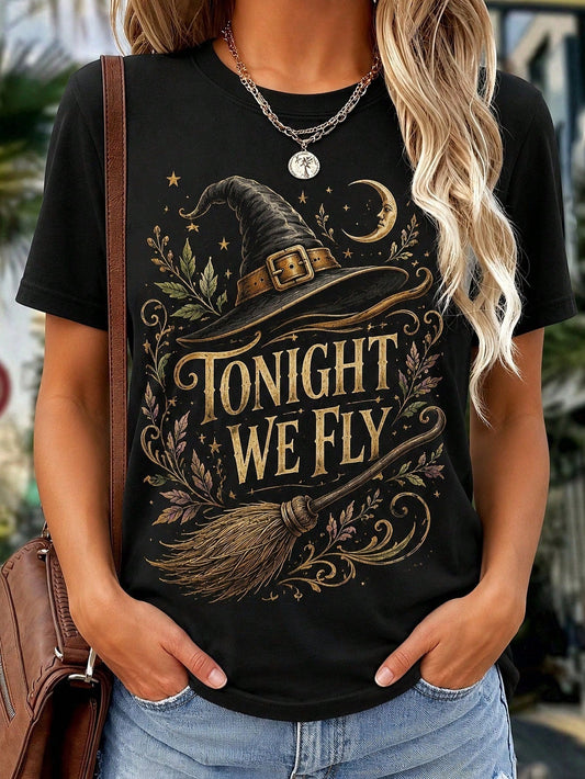 Tonight We Fly Witch Hat Broomstick Design Tshirt