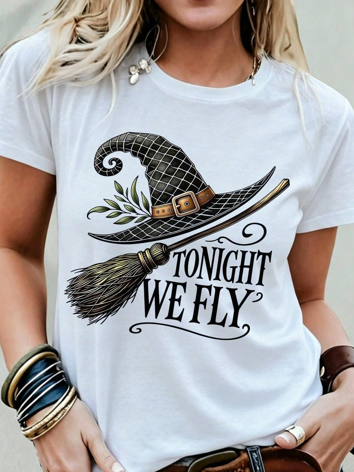 T-Shirt With Witch Hat And Broom Pattern, Printed Tonight We Fly Summer Multi-Color T-Shirts