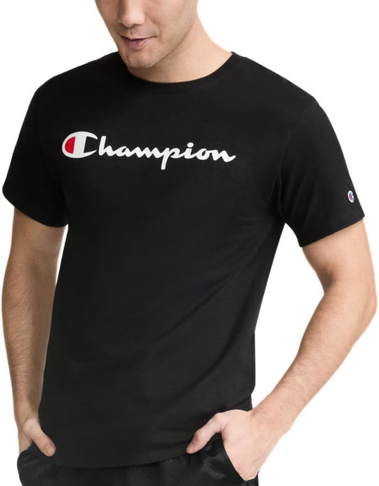 Champion Men's Graphic Short Sleeve T-Shirt, Standard Fit, Classic Script Logo, Midweight 100% Cotton