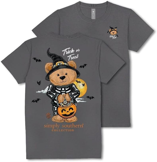 Simply Southern Trick or Treat - Teddy - Halloween - Pumpkin - Moon - Bats - Black Hat - Adult T-Shirt