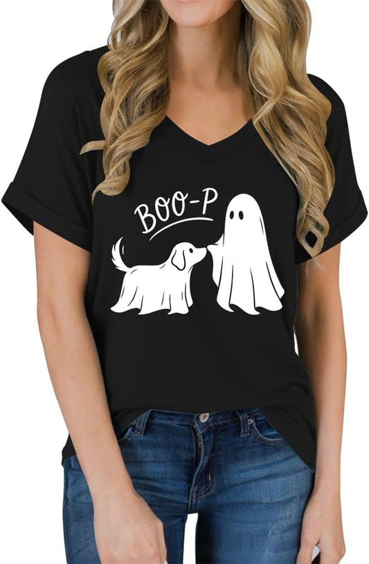 Boo-P Ghost Dog Shirt for Women Halloween Dog Mom Funny T-Shirt
