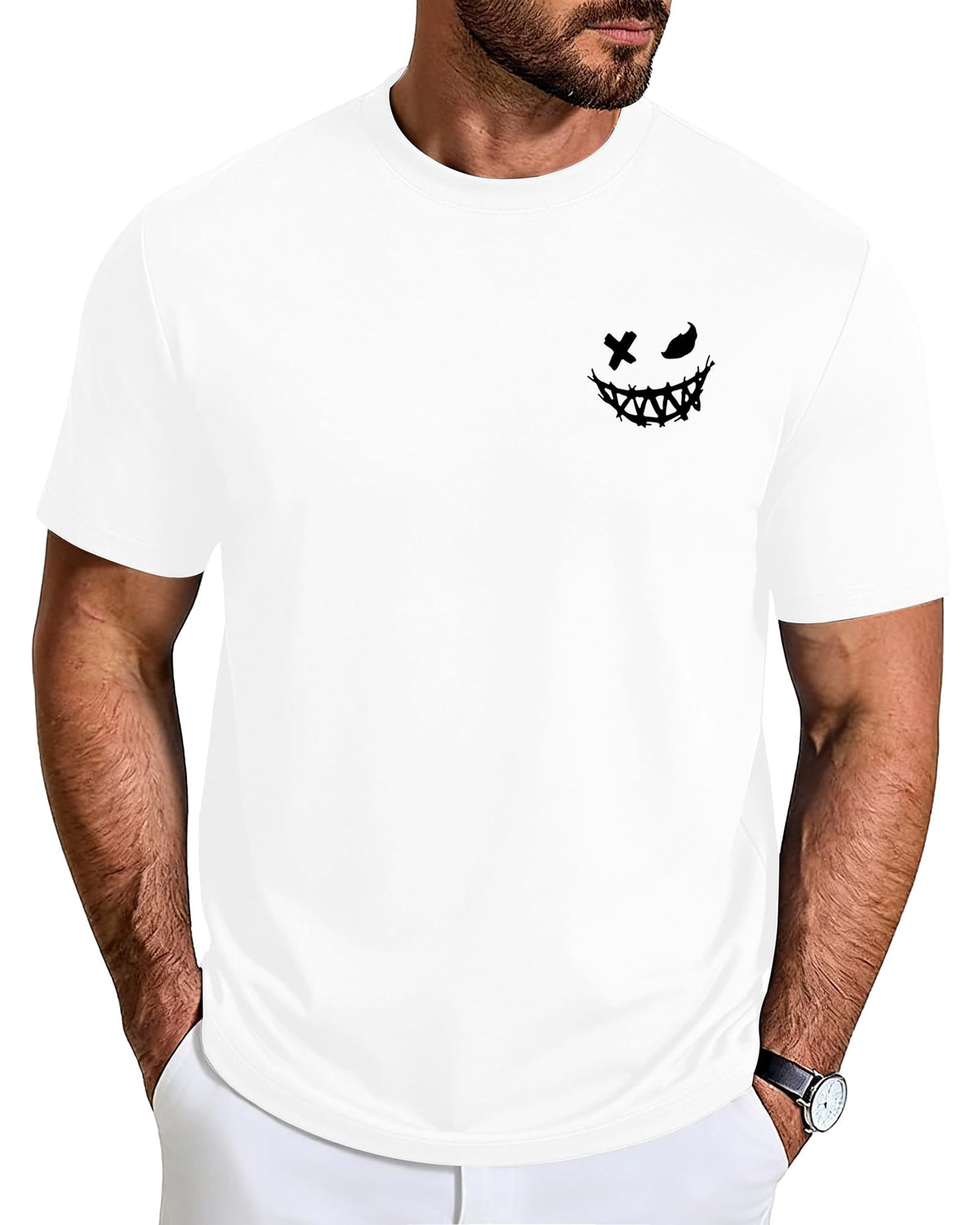 Aiyino Mens Graphic Tee Minimal Smile Streetwear