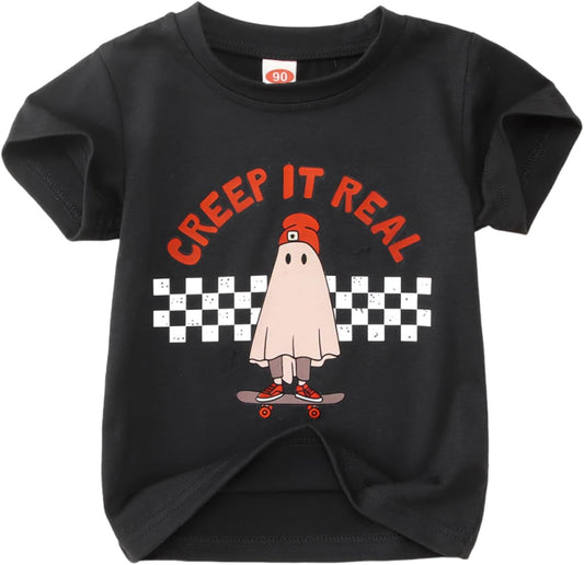 GLIGLITTR Toddler Halloween Shirt Baby Boys Girls Ghost Tshirt Creep It Real Short Sleeve Tee Tops Spooky Season Fall Clothes