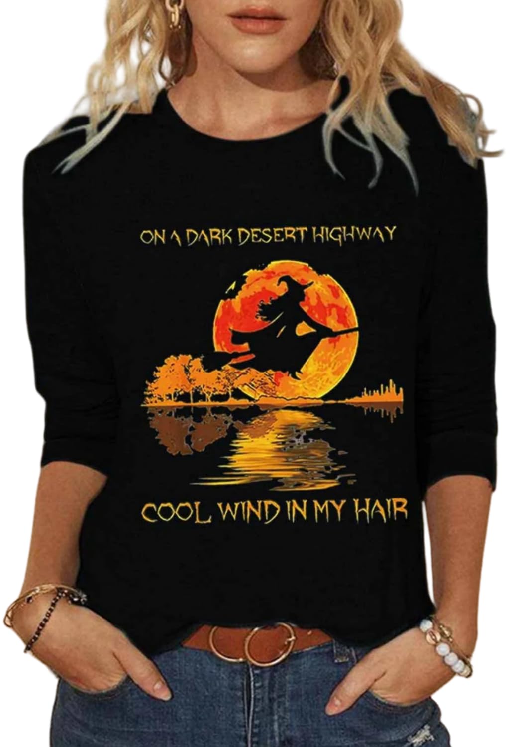 Woffccrd Womens Casual Halloween 3/4 Sleeve Crew Neck Tee Shirts Leopard Pumpkin Shirts Thanksgiving Fall Tops