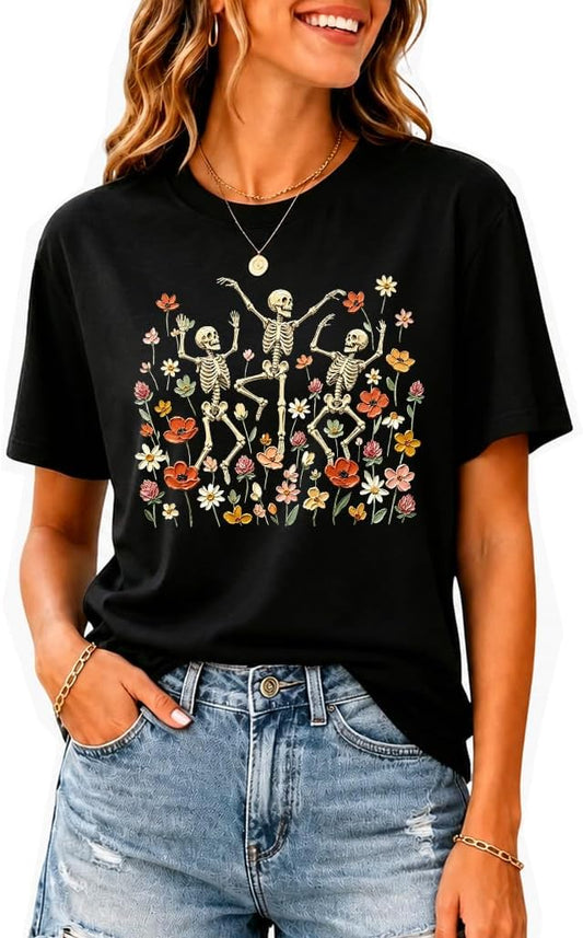 Dancing Skeleton Fall Shirt Funny Floral Skeleton Halloween T-Shirt