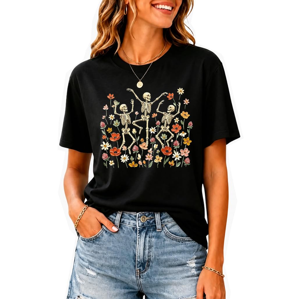 Dancing Skeleton Fall Shirt Funny Floral Skeleton Halloween T-Shirt