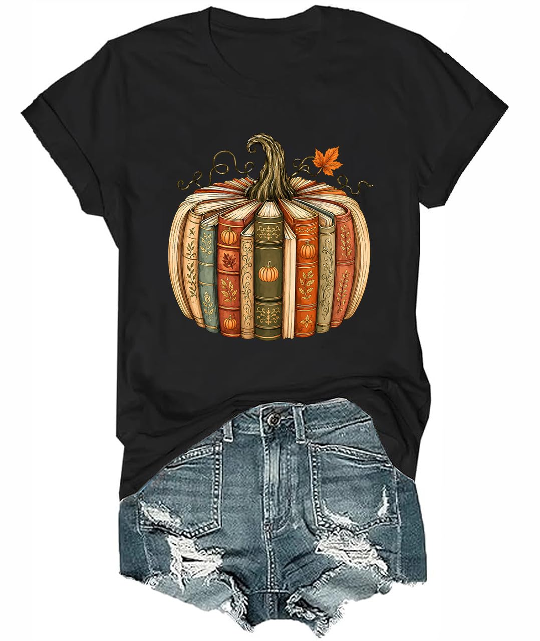 Fall Book Pumpkin Halloween Shirt Reading Teacher T-Shirt for Women