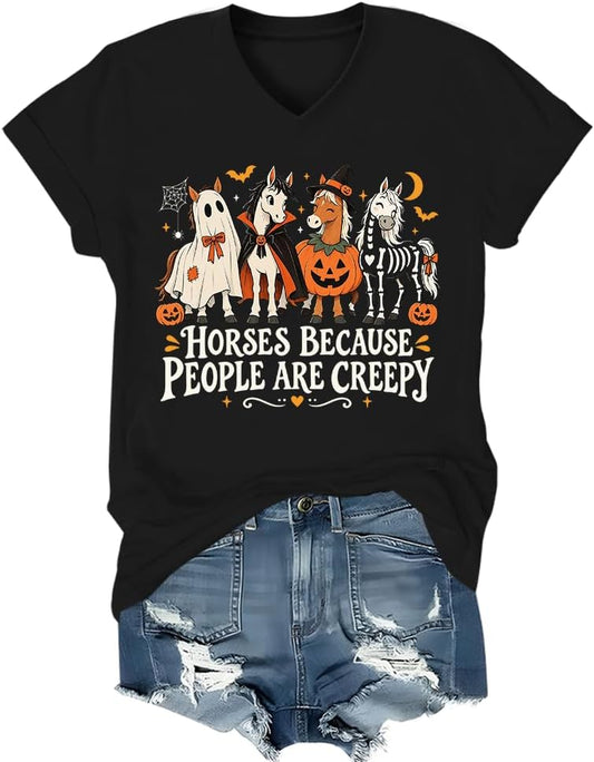 Horses Because People are Creepy Halloween Horse T-Shirt for Women