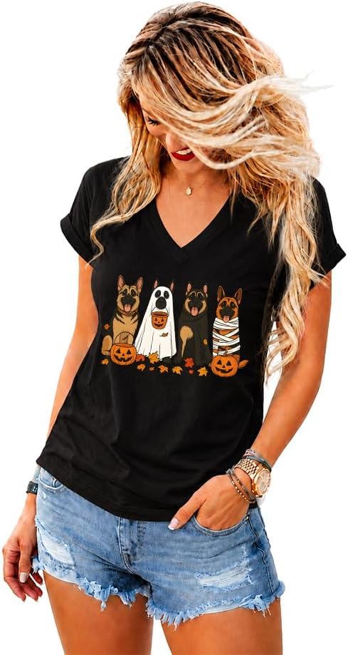 Halloween German Shepherd Shirt, Spooky German Shepherd T-Shirt, Halloween Ghost Dog V-Neck Tshirt