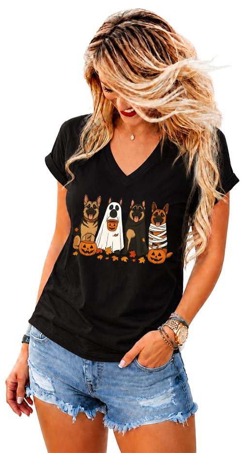 Halloween German Shepherd Shirt, Spooky German Shepherd T-Shirt, Halloween Ghost Dog V-Neck Tshirt