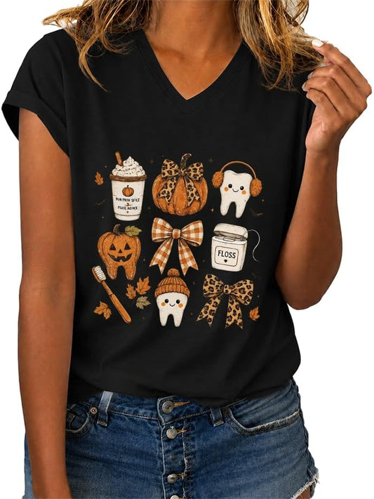 Fall Dentist Halloween Tooth Pumpkin Bow Dental Hygienist T-Shirt