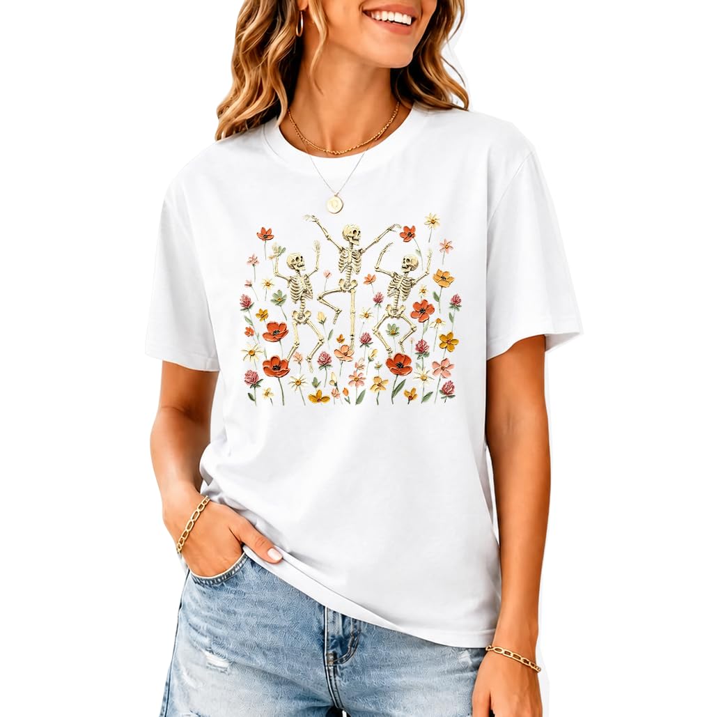 Dancing Skeleton Fall Shirt Funny Floral Skeleton Halloween T-Shirt
