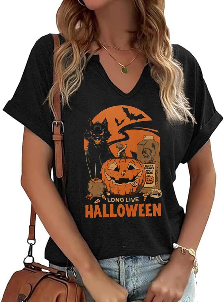 Women Fall T-Shirt V Neck Halloween Pumpkin Shirts Cute Autumn Thanksgiving Graphic Tee Tops