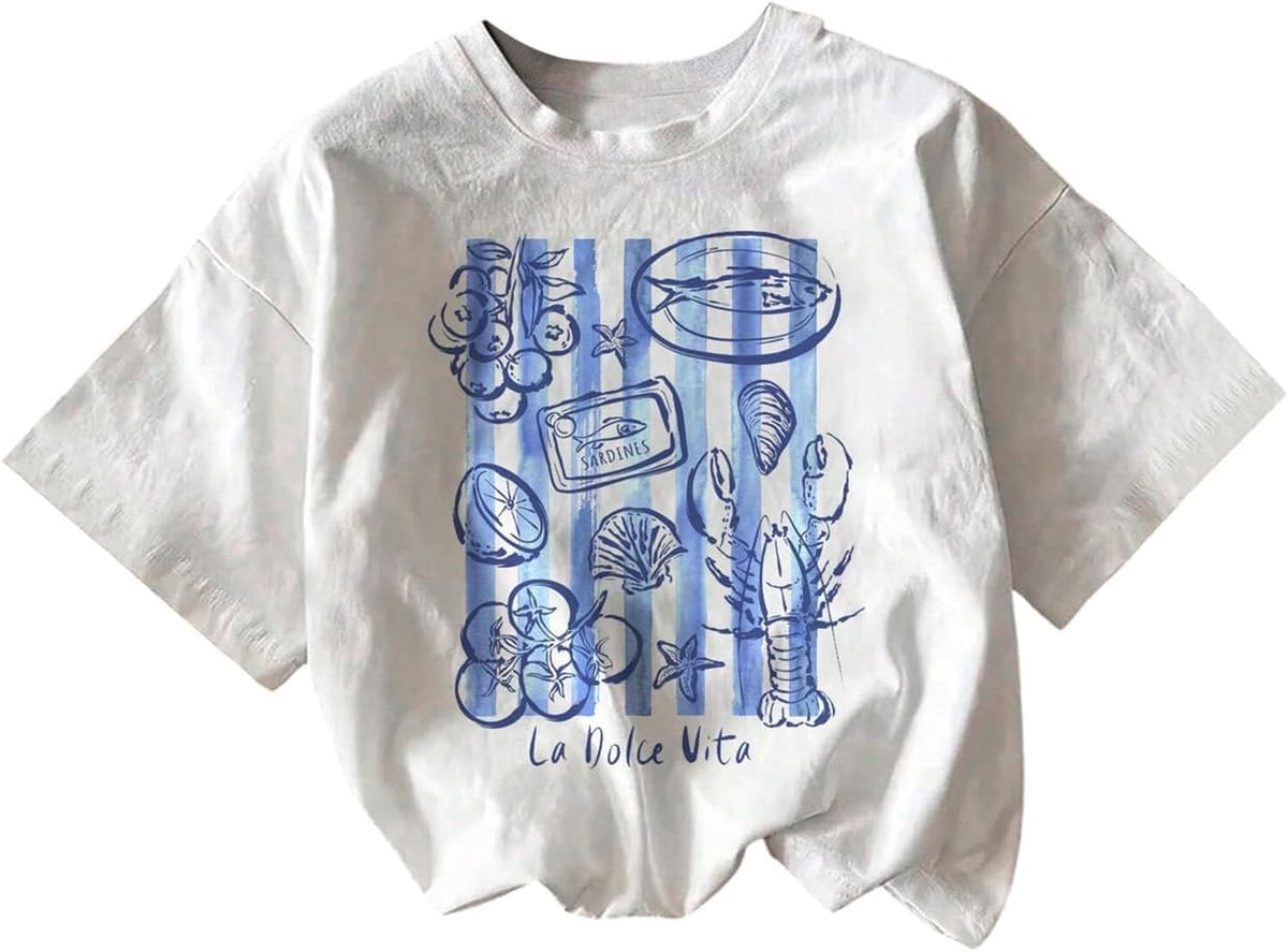 RoseSeek Women's Graphic Letter Tee Crew Neck Trendy Summer Vintage T Shirt