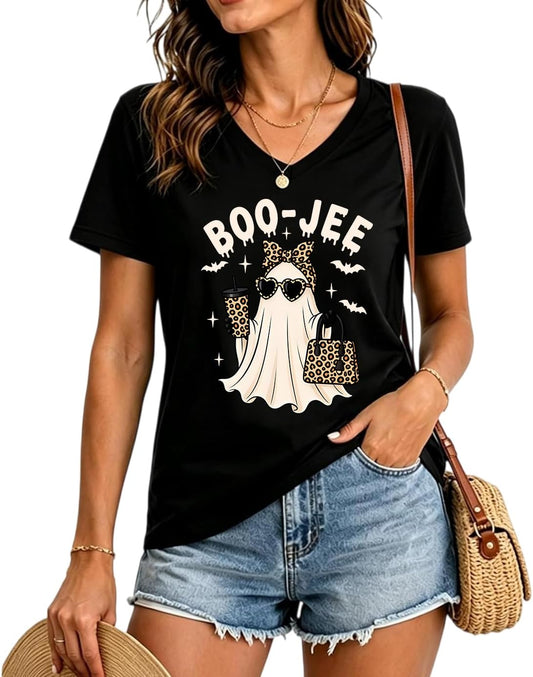 Boo JEE Leopard Ghost Coffee Halloween Shirt for Women, Graphic Tee