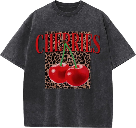 Oversized Cherry Graphic Tees for Women Vintage Leopard Cherry Fruit Shirt Acid Wash Crewneck Streetwear T Shirts Top