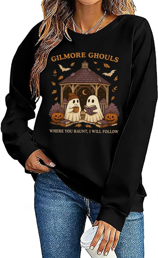 Halloween Sweatshirt Women Ghost Graphic Tee Casual Crewneck Pullover Tops