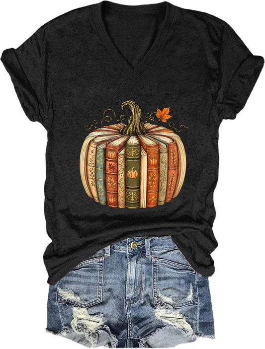 Fall Book Pumpkin Halloween Shirt Reading Teacher T-Shirt for Women