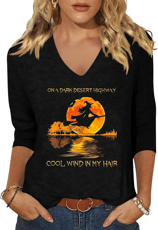 Womens Fall Shirts Halloween V Neck 3/4 Length Sleeve Pumpkin T-Shirts Thanksgiving Graphic Tee Tops