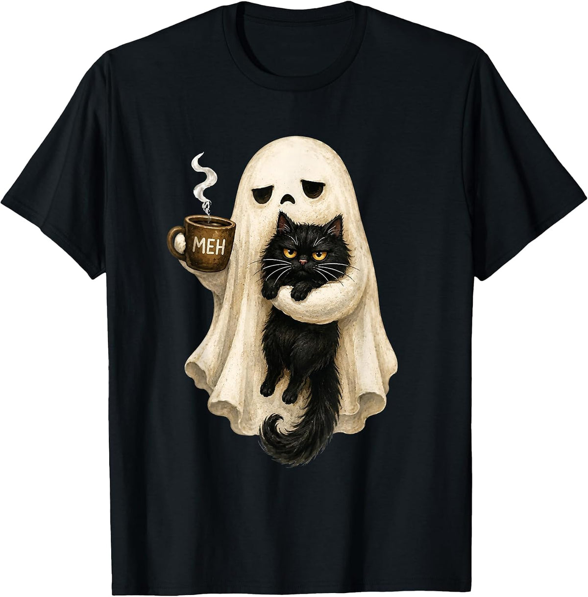 Ghost Cat Spooky Black Cat Funny Halloween Coffee Lover T-Shirt