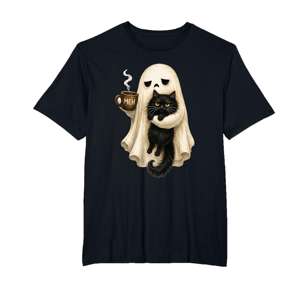 Ghost Cat Spooky Black Cat Funny Halloween Coffee Lover T-Shirt