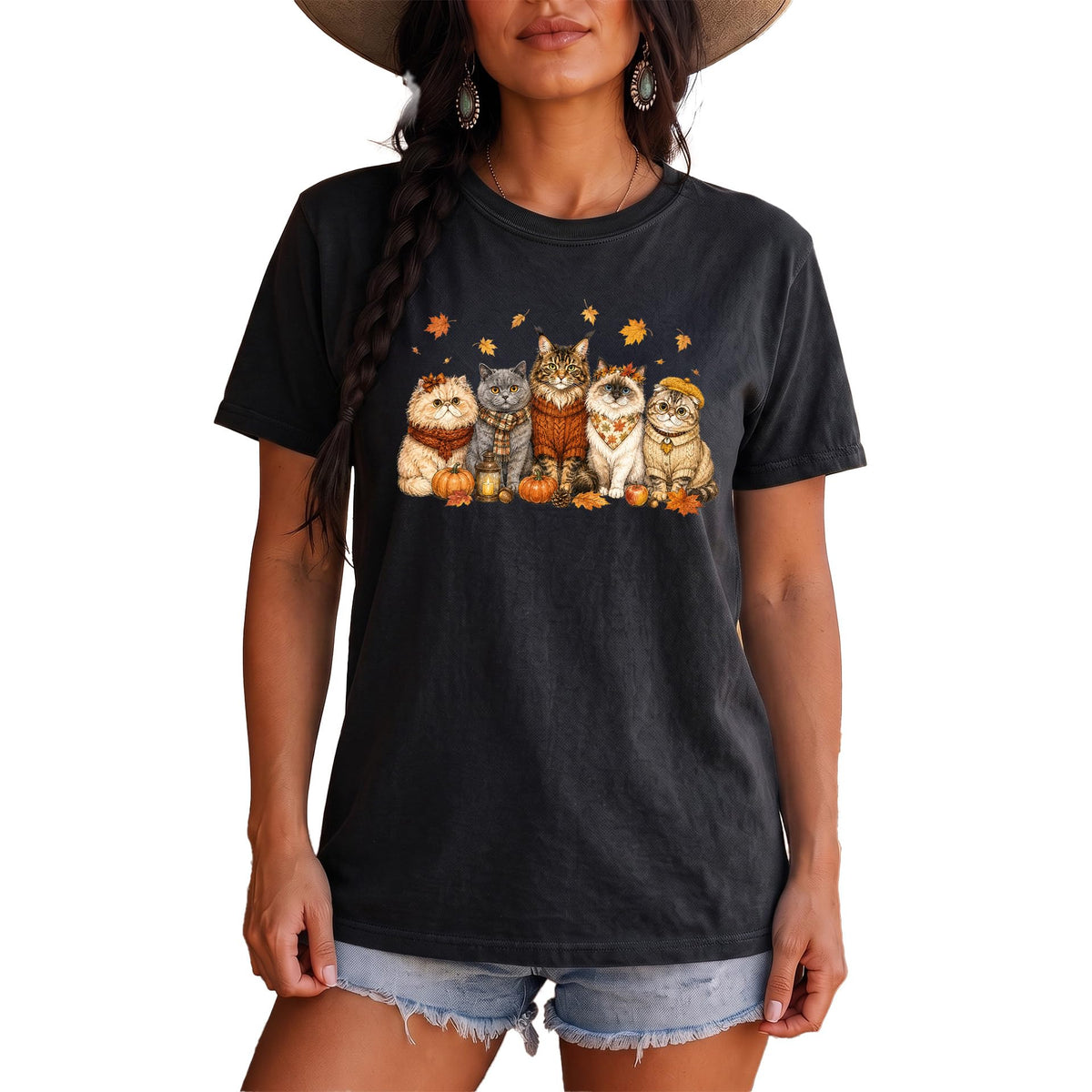 Cute Fall Cats Autumn Graphic Tee
