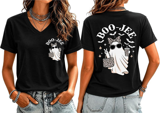 Halloween Ghost Shirts for Women Spooky Season Leopard Boo Casual Tees