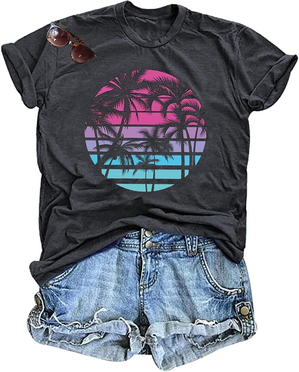 Hawaiian Shirts for Women Palm Trees Beach Graphic Tee Tops Summer Vacation Short Sleeve Tshirt Tops