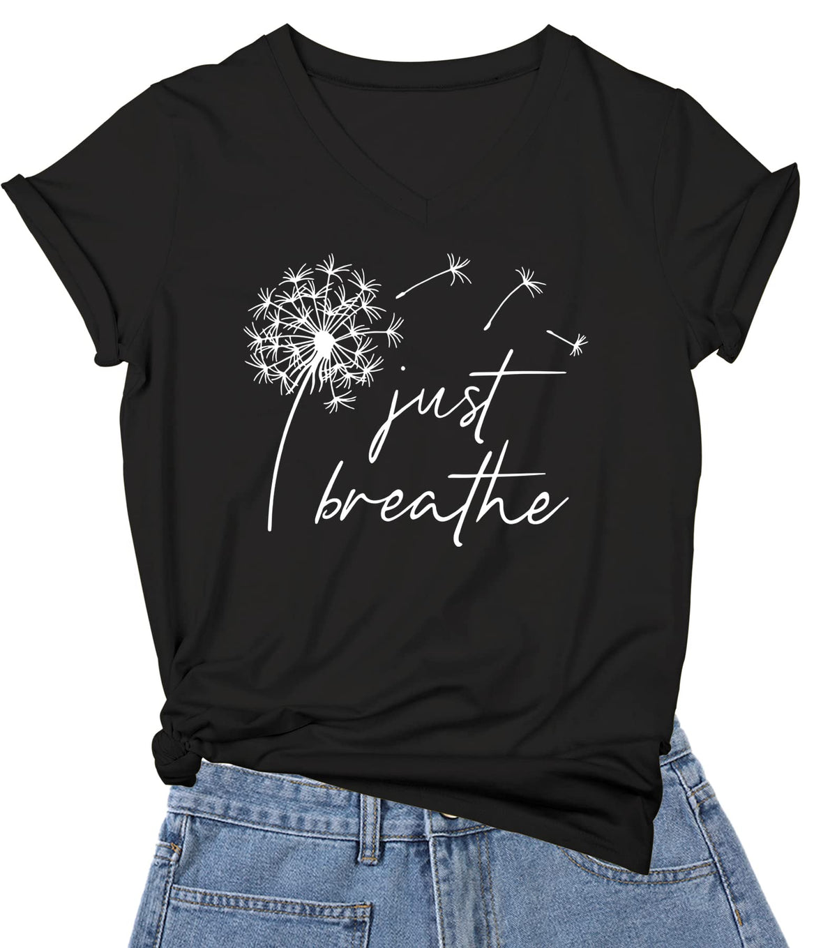 DANVOUY Just Breathe Dandelion T-Shirt for Women Funny Cute V-Neck Shirt Tops