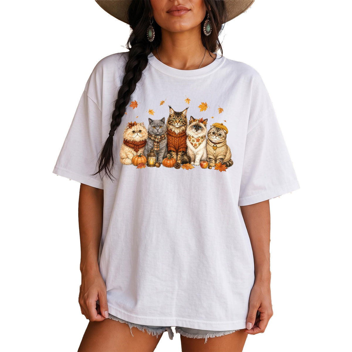 Cute Fall Cats Autumn Graphic Tee