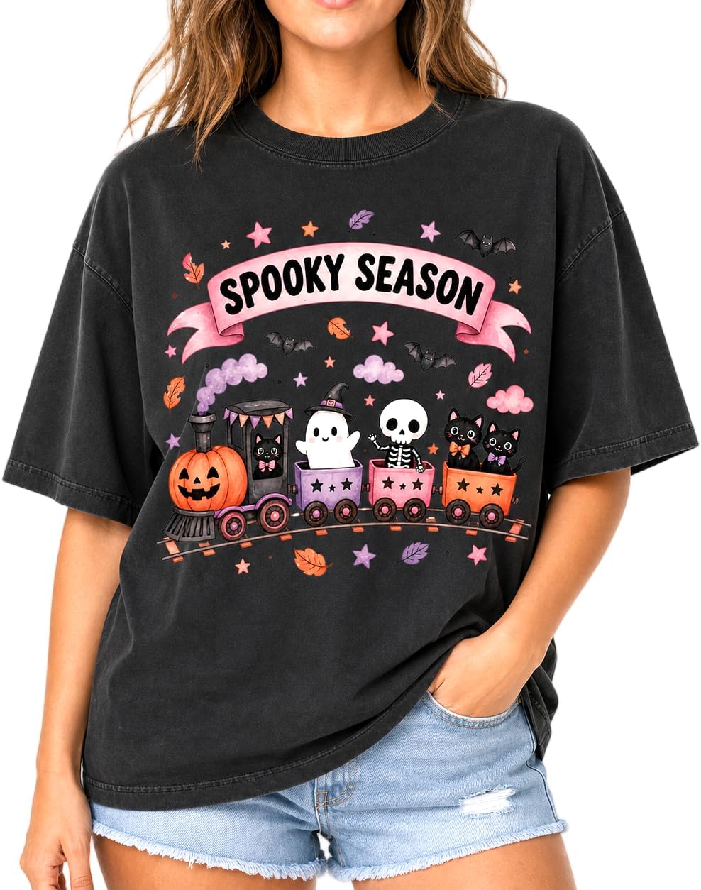 Spooky Season Shirt Women,Halloween Vintage Shirt,Washed T Shirt