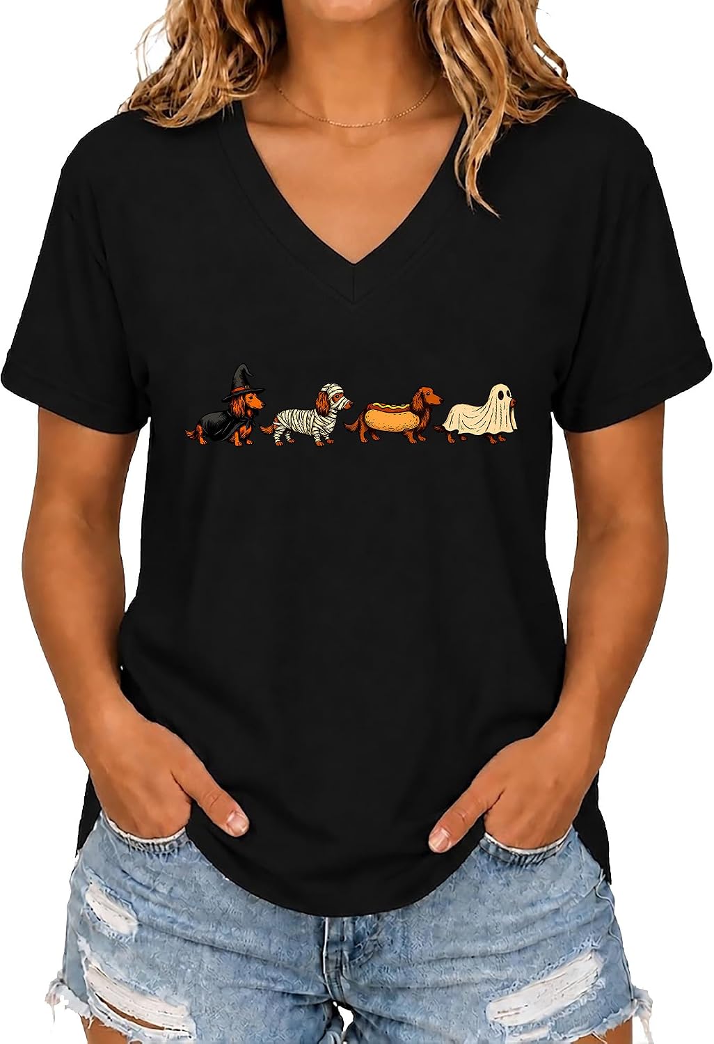 Halloween Dachshund Shirt Women Funny Spooky Dachshund Graphic T-Shirt