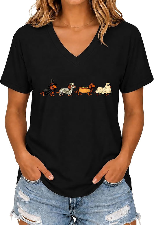 Halloween Dachshund Shirt Women Funny Spooky Dachshund Graphic T-Shirt