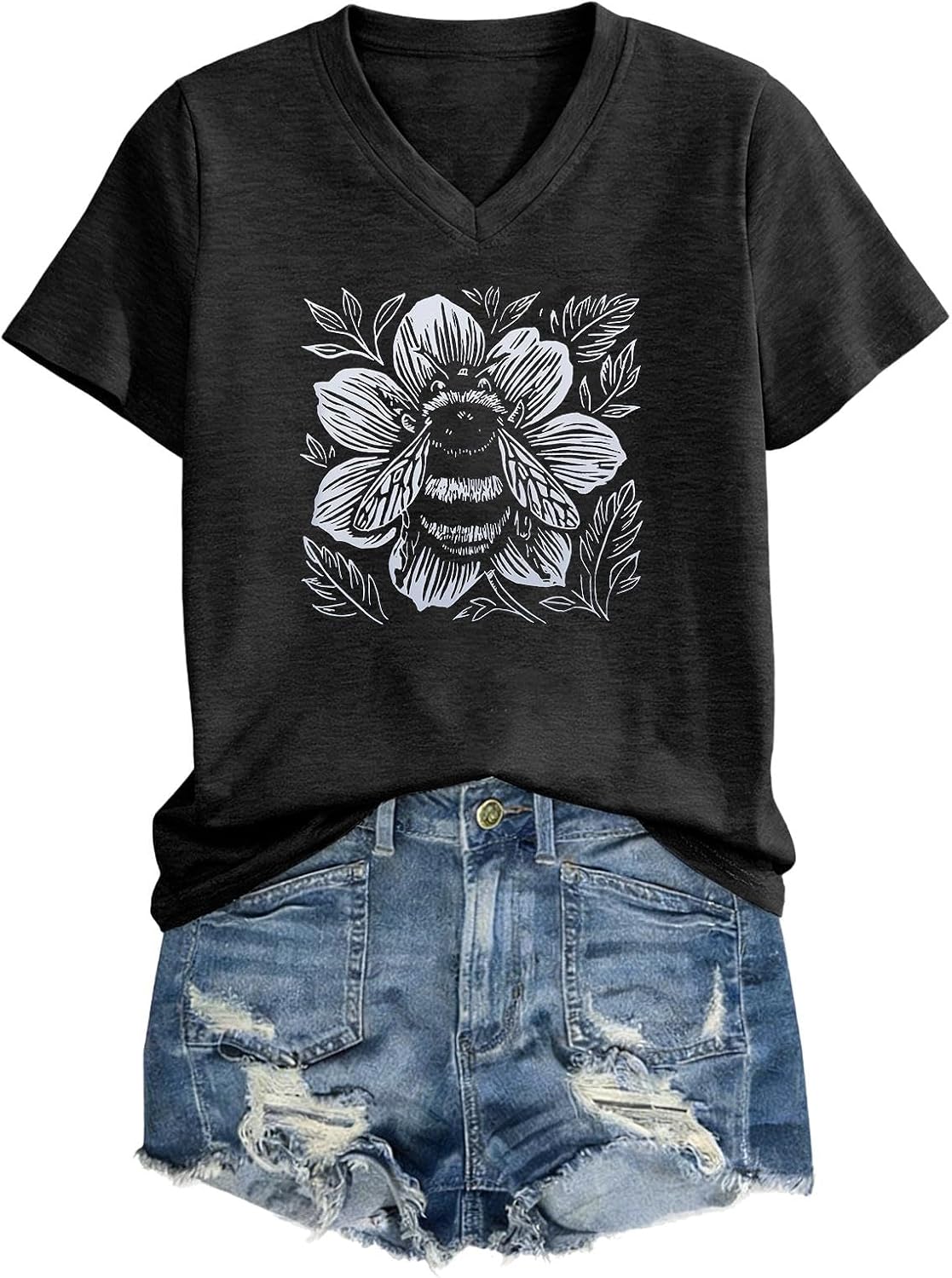 Women's T-Shirts V-Neck Boho Flowers Graphic Tees Summer Short Sleeve Tops