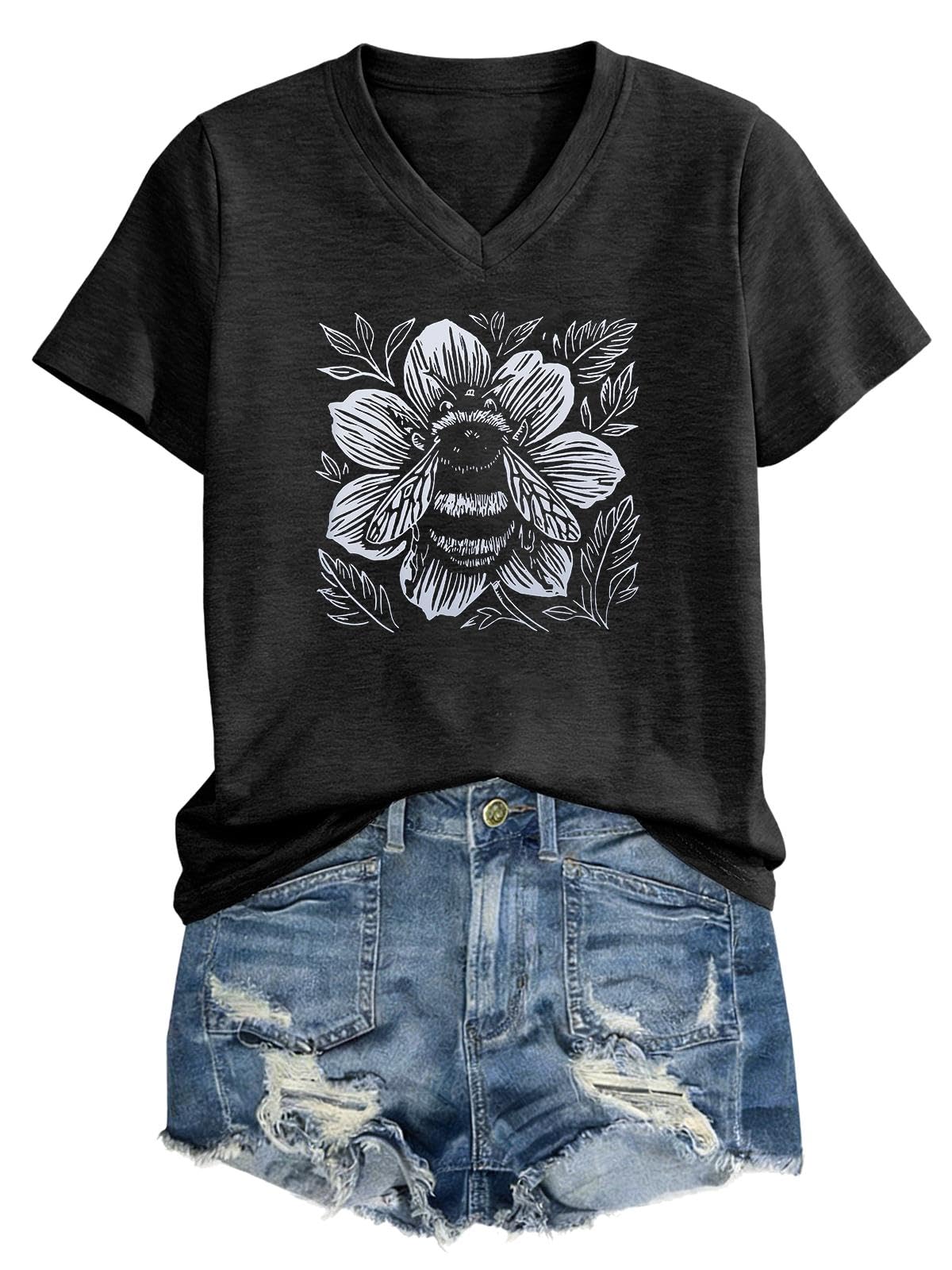 Women's T-Shirts V-Neck Boho Flowers Graphic Tees Summer Short Sleeve Tops