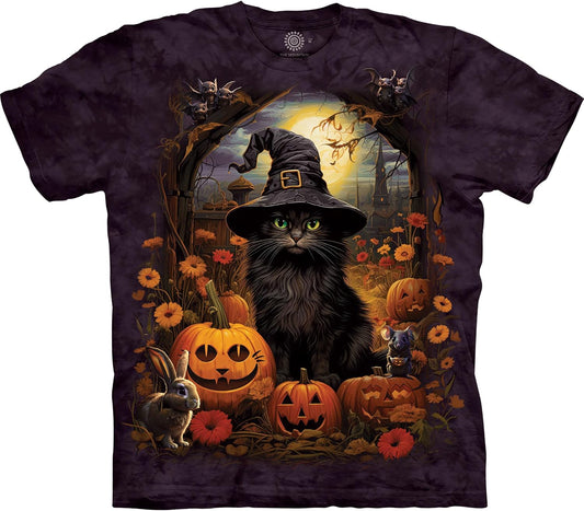 The Mountain Cat Witch T-Shirt | Halloween Black Cat Shirt with Pumpkins | Funny Spooky Graphic Tee for Men & Women