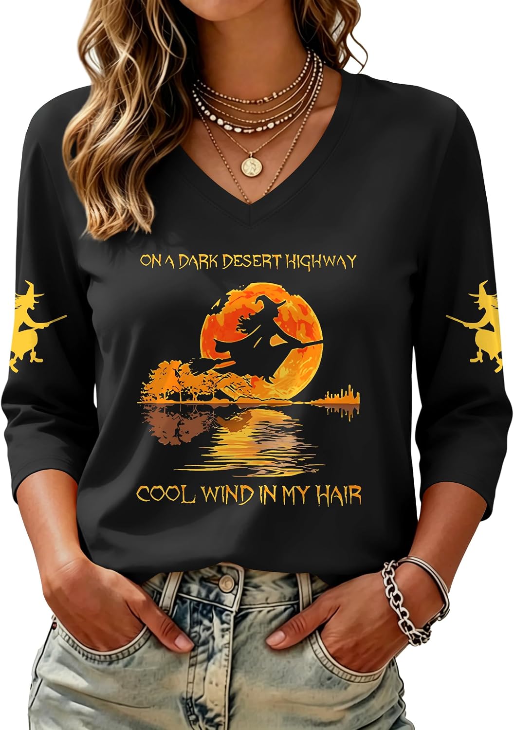 Women's Fall Halloween 3/4 Sleeve V Neck Shirts Halloween Ghost Tee Tops