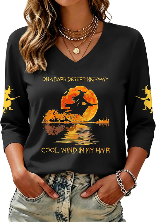 Women's Fall Halloween 3/4 Sleeve V Neck Shirts Halloween Ghost Tee Tops
