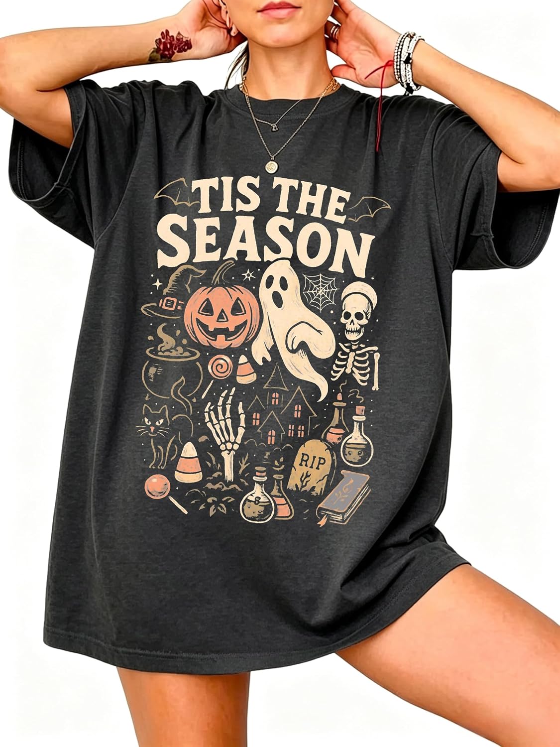 Oversized Halloween Shirts for Women Spooky Season Pumpkin Ghost Fall Casual Tee